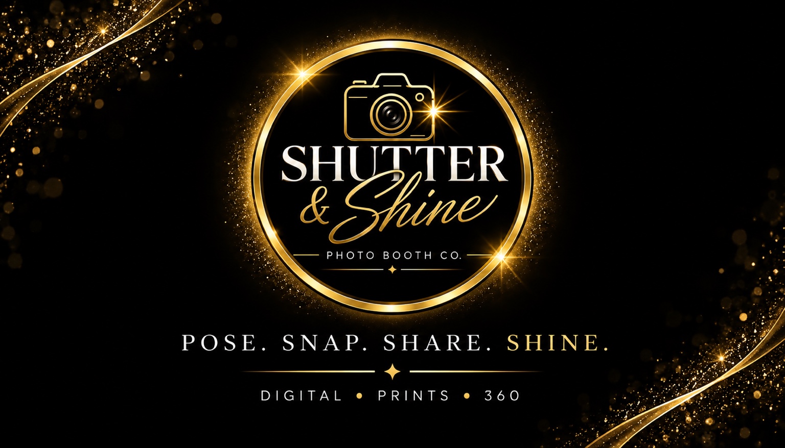Shutter and Shine Photo Booth Co. gold camera logo, with the tagline Pose. Snap. Share. Shine.
